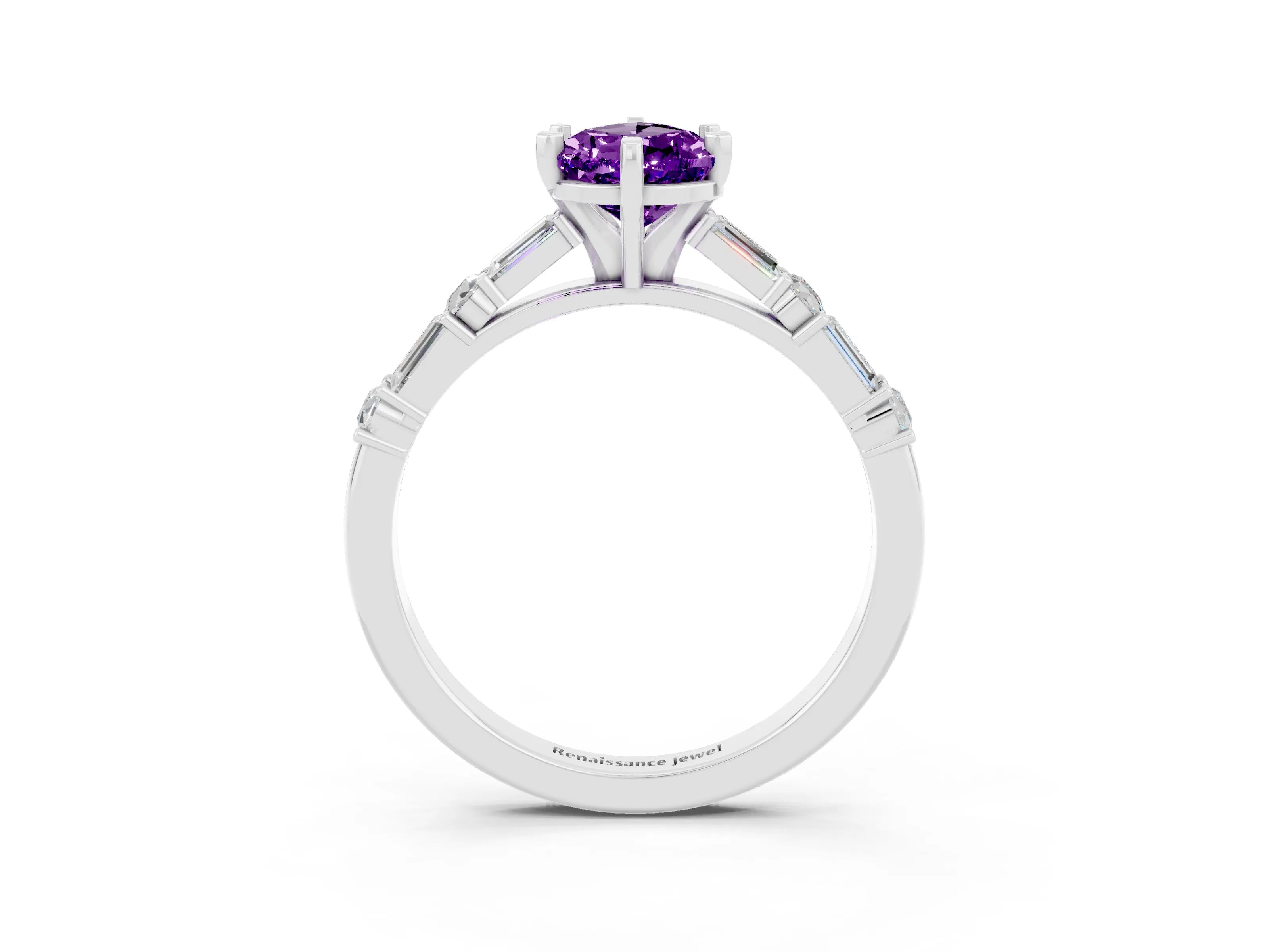 White gold Pear Cut Amethyst Solitaire with Side Baguettes and Channel Set Band_3