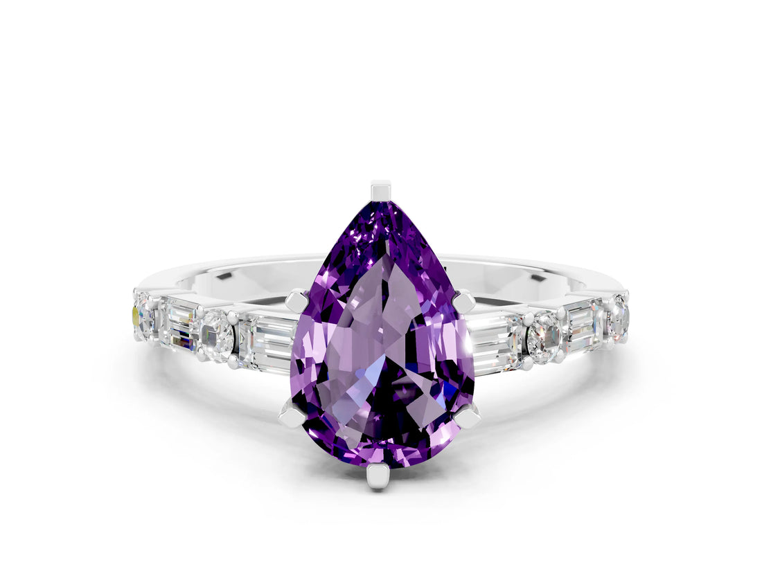 White gold Pear Cut Amethyst Solitaire with Side Baguettes and Channel Set Band