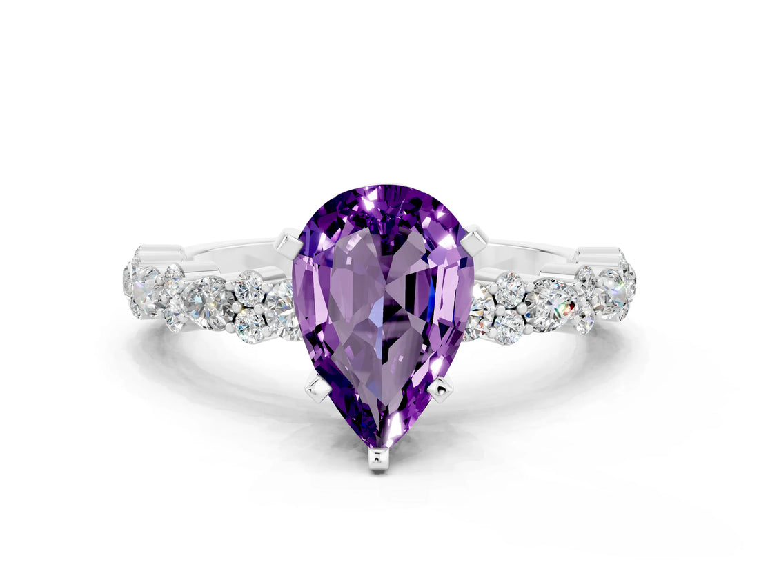 White gold Pear Cut Amethyst Solitaire with Side Stones, Pave Band, Four-Prong Setting_24