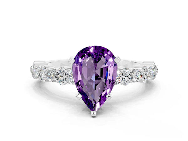 White gold Pear Cut Amethyst Side Stone Solitaire Ring with Round  and Four-Prong Setting