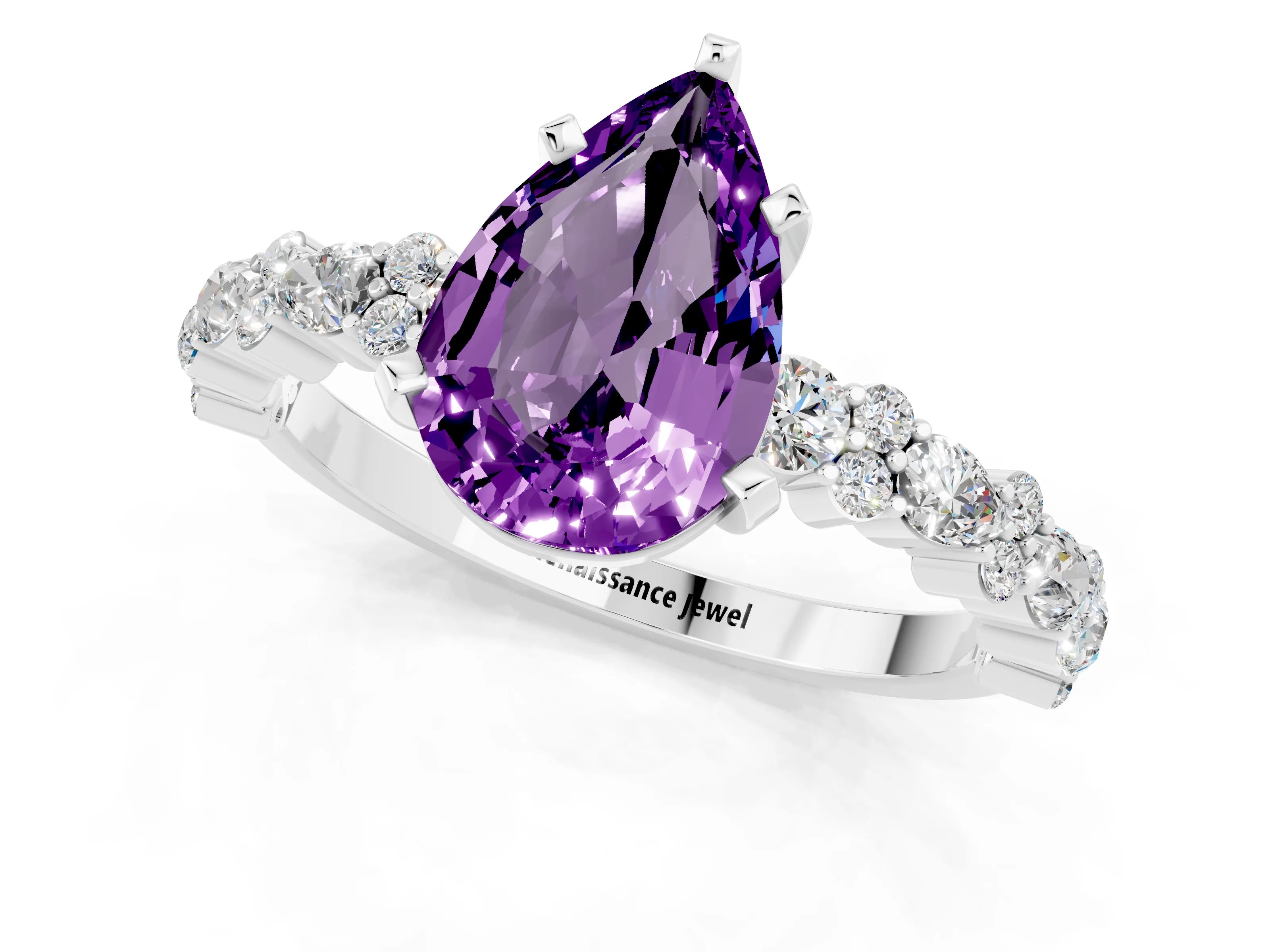White gold Pear Cut Amethyst Solitaire with Side Stones, Pave Band, Four-Prong Setting_25