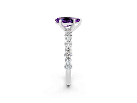 White gold Pear Cut Amethyst Solitaire with Side Stones, Pave Band, Four-Prong Setting_26