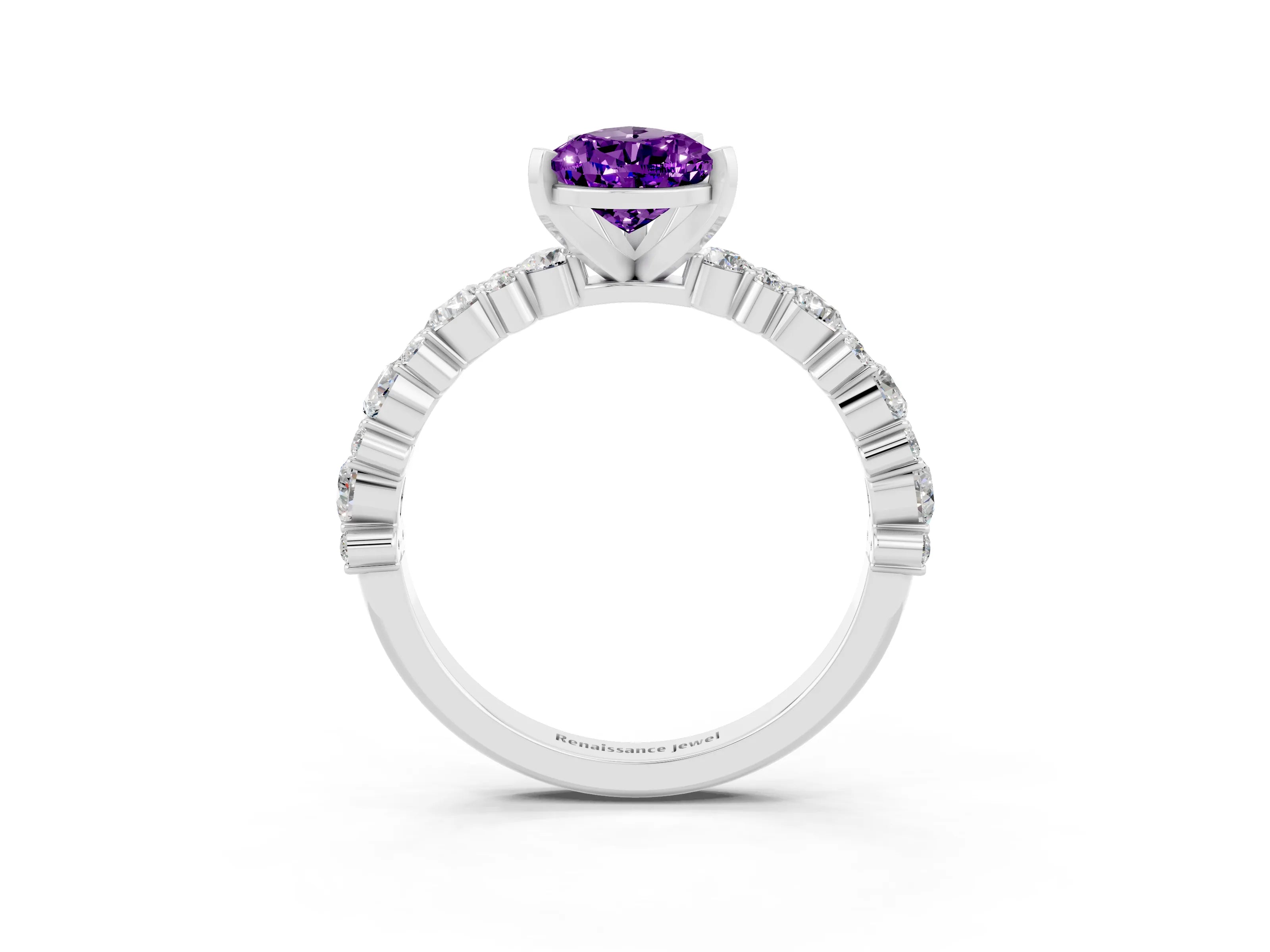 White gold Pear Cut Amethyst Solitaire with Side Stones, Pave Band, Four-Prong Setting_27