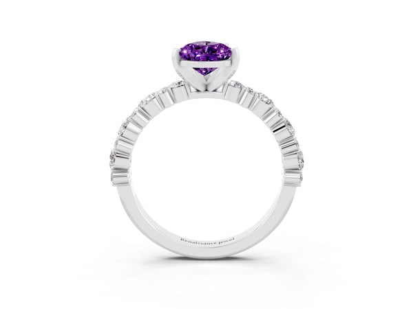 Silver Pear Cut Amethyst Side Stone Solitaire Ring with Round  and Four-Prong Setting