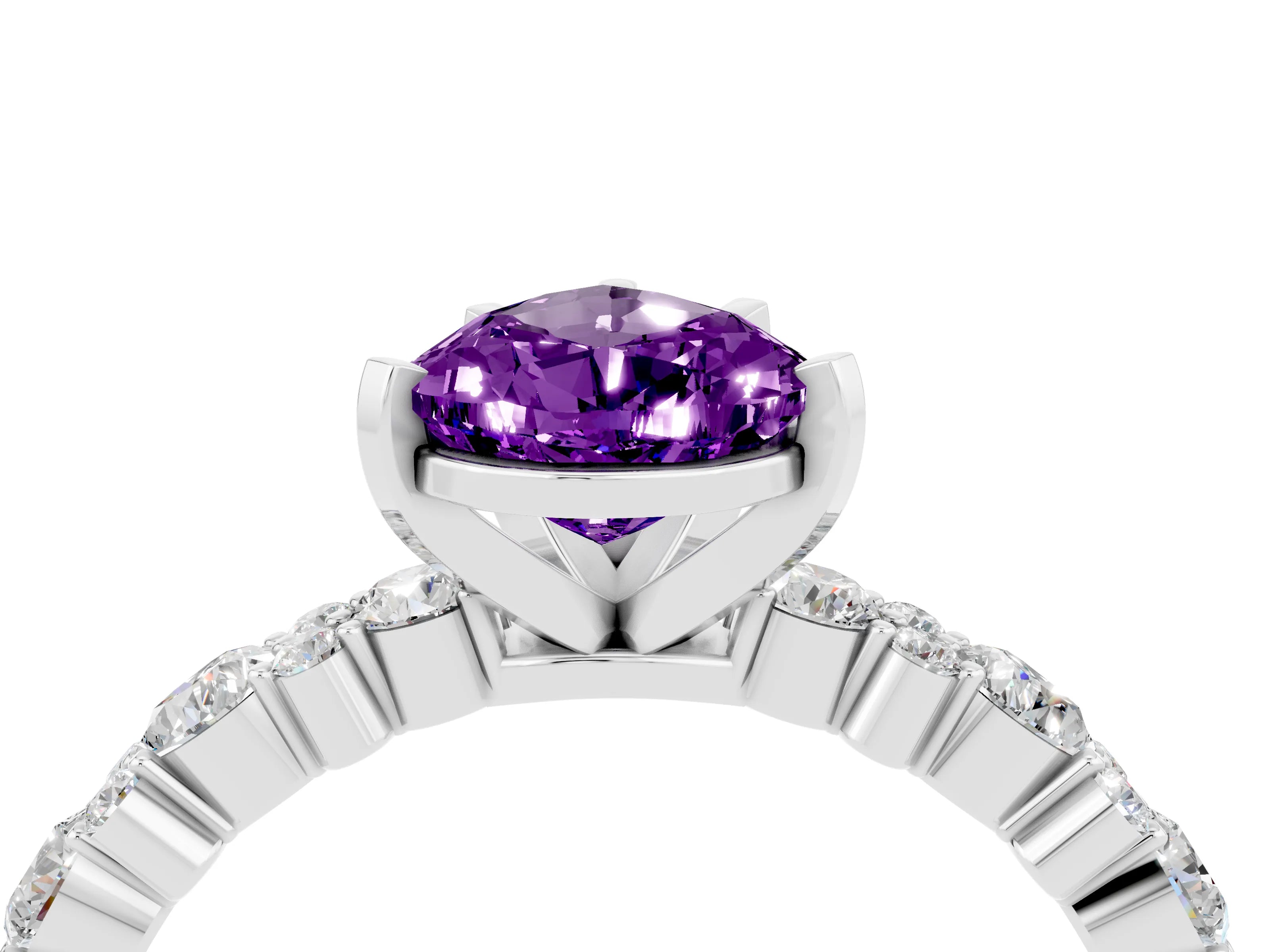 White gold Pear Cut Amethyst Solitaire with Side Stones, Pave Band, Four-Prong Setting_28
