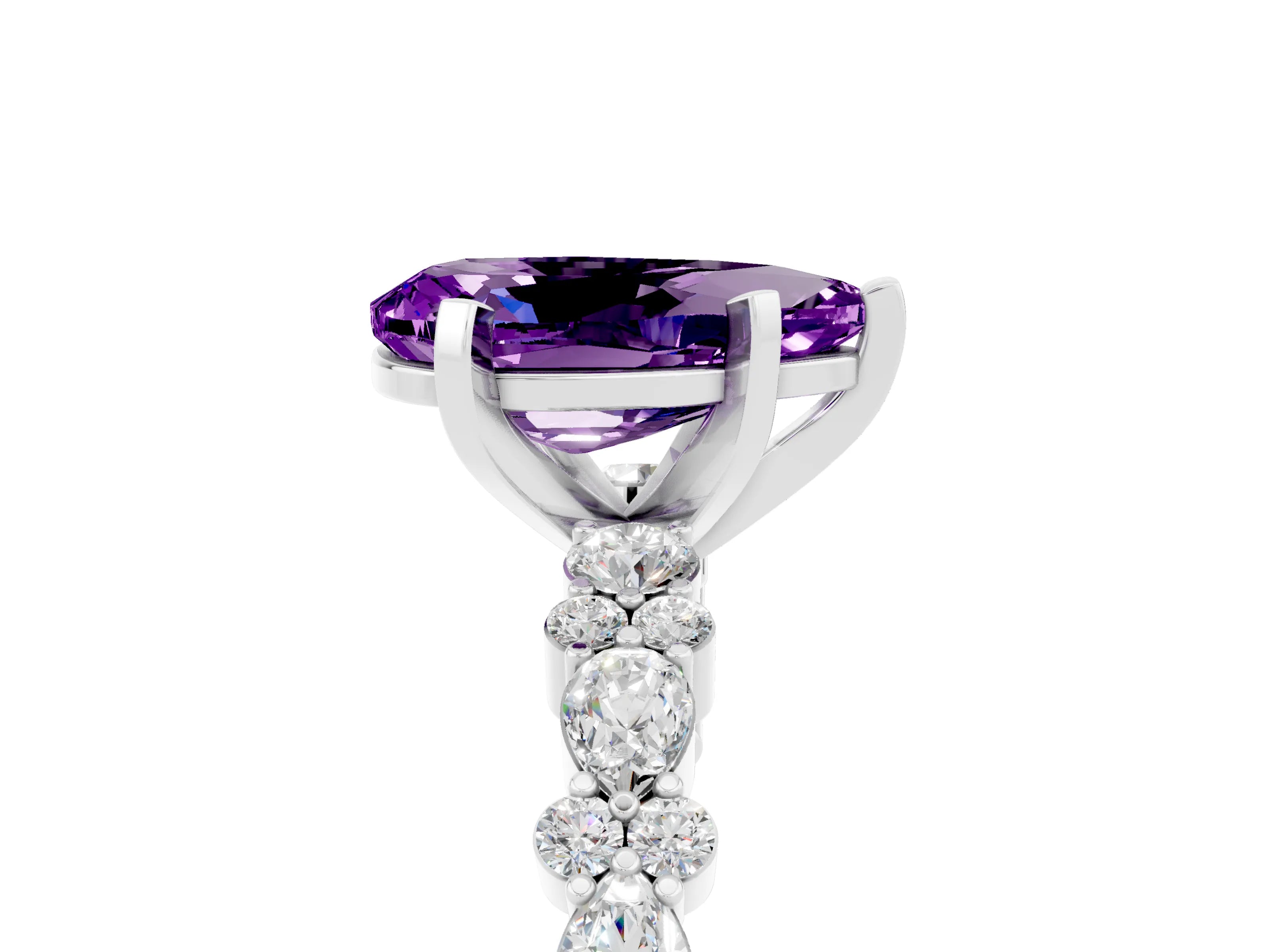 White gold Pear Cut Amethyst Solitaire with Side Stones, Pave Band, Four-Prong Setting_29