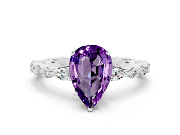 Platinum Pear Cut Amethyst Ring with Marquise and Round  Side Stones and Four-Prong Setting