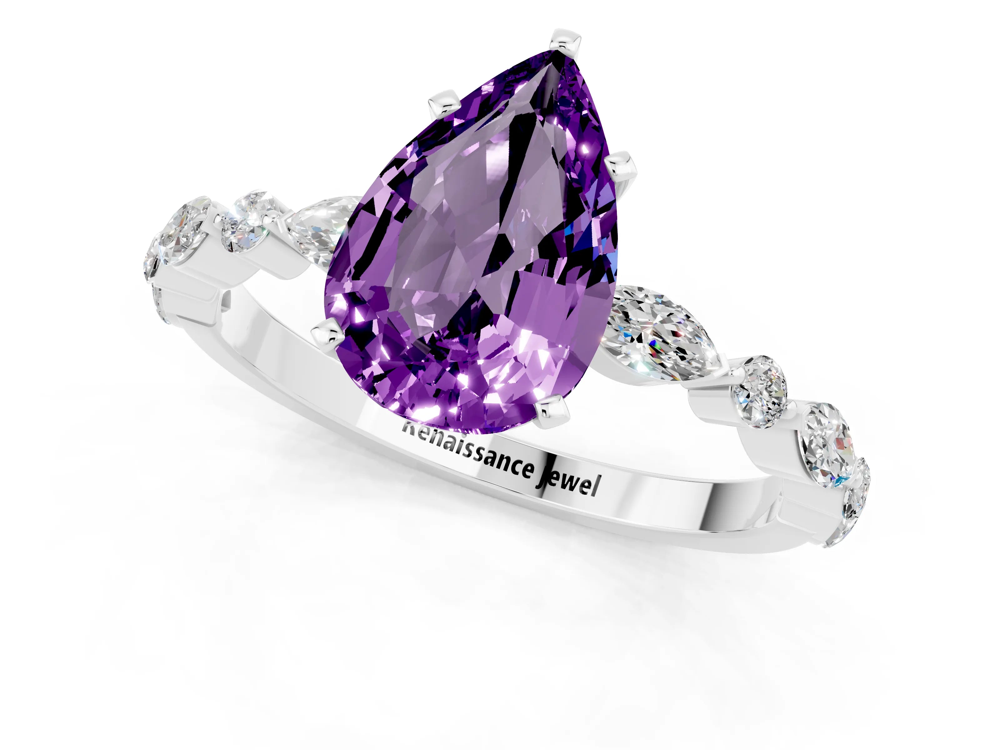 White gold Pear Cut Amethyst Solitaire with Side Stones on a Pavé Band and Four-Prong Setting_1