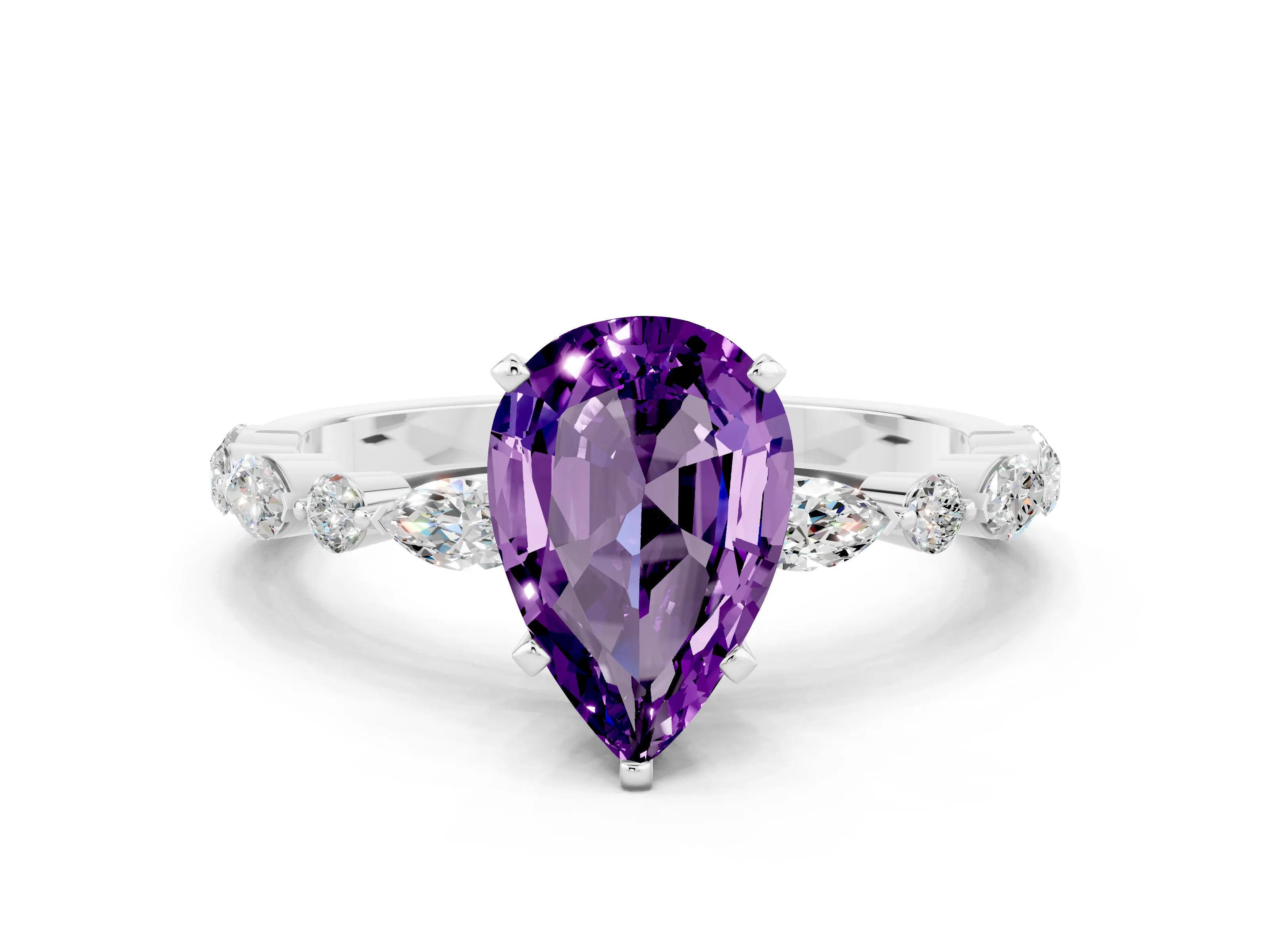 White gold Pear Cut Amethyst Solitaire with Side Stones on a Pavé Band and Four-Prong Setting