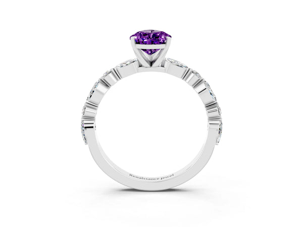 Platinum Pear Cut Amethyst Ring with Marquise and Round  Side Stones and Four-Prong Setting
