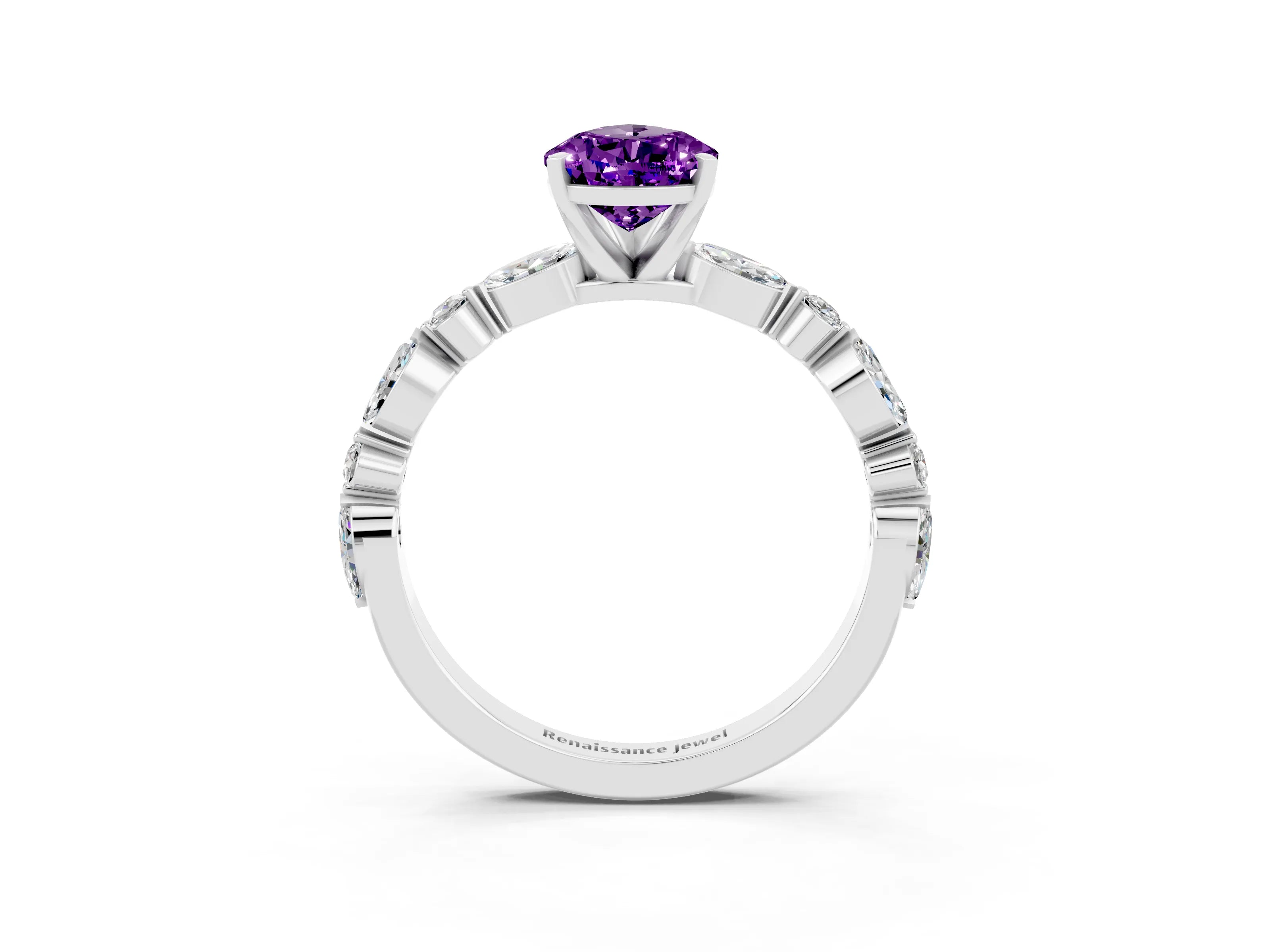White gold Pear Cut Amethyst Solitaire with Side Stones on a Pavé Band and Four-Prong Setting_3