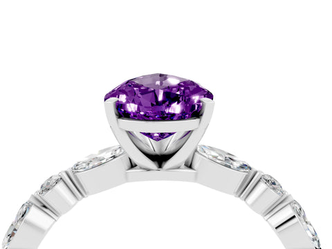 White gold Pear Cut Amethyst Solitaire with Side Stones on a Pavé Band and Four-Prong Setting_4