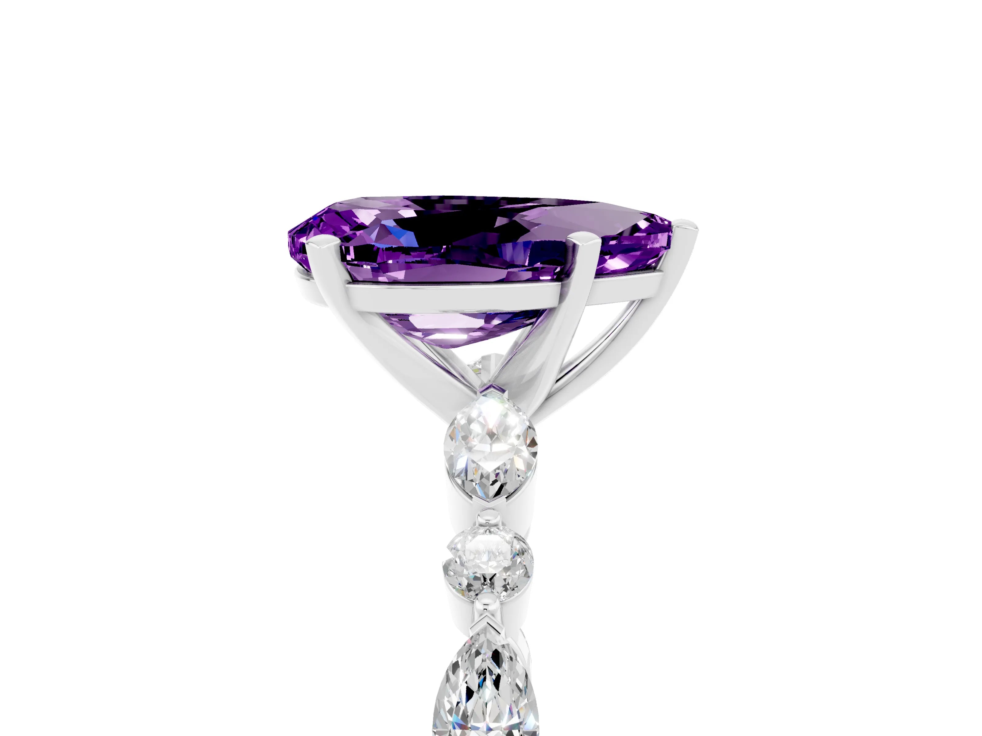 White gold Pear Cut Amethyst Solitaire with Side Stones on a Pavé Band and Four-Prong Setting_5