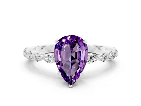 White gold Pear Cut Amethyst Solitaire with Side Stones on a Pavé Band and Four-Prong Setting