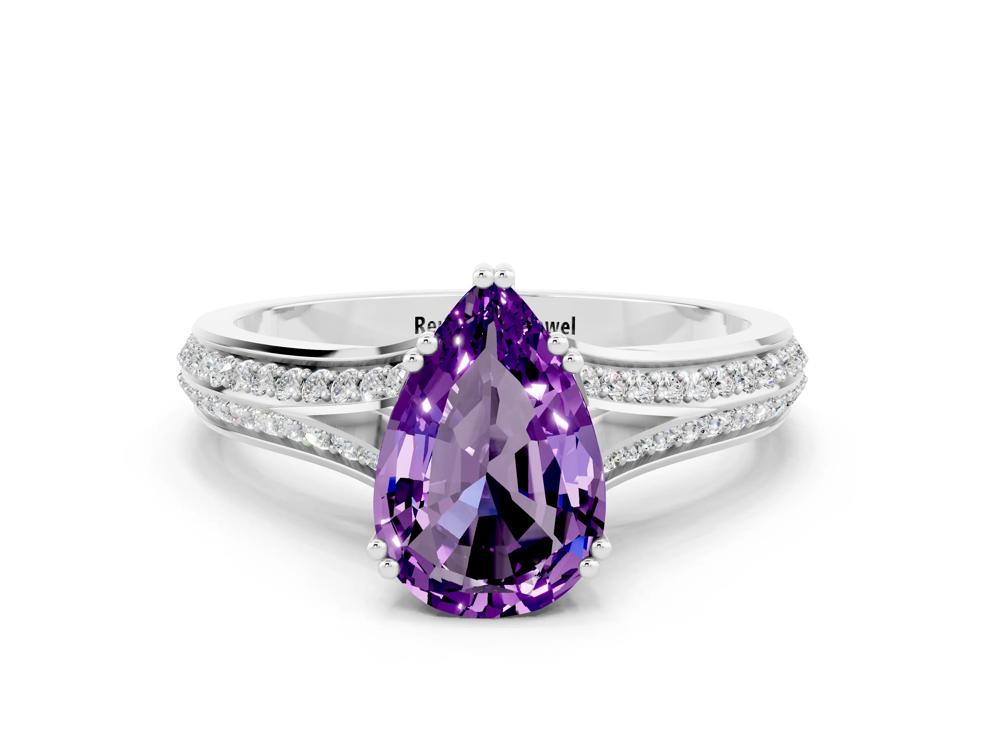 White gold Pear Cut Amethyst Split Shank Engagement Ring with Pavé Band