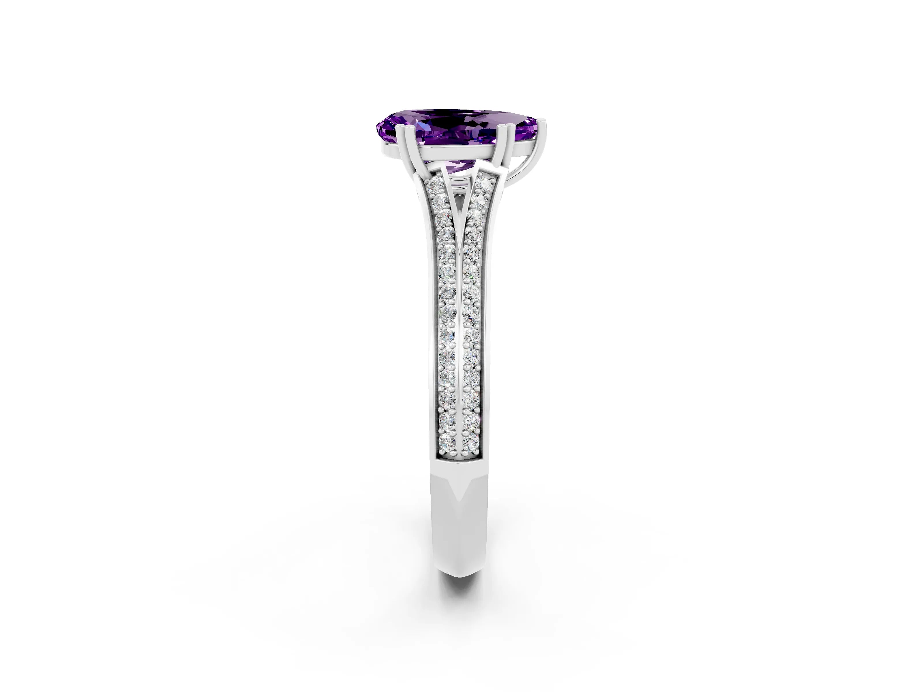White gold Pear Cut Amethyst Split Shank Engagement Ring with Pavé Band_2