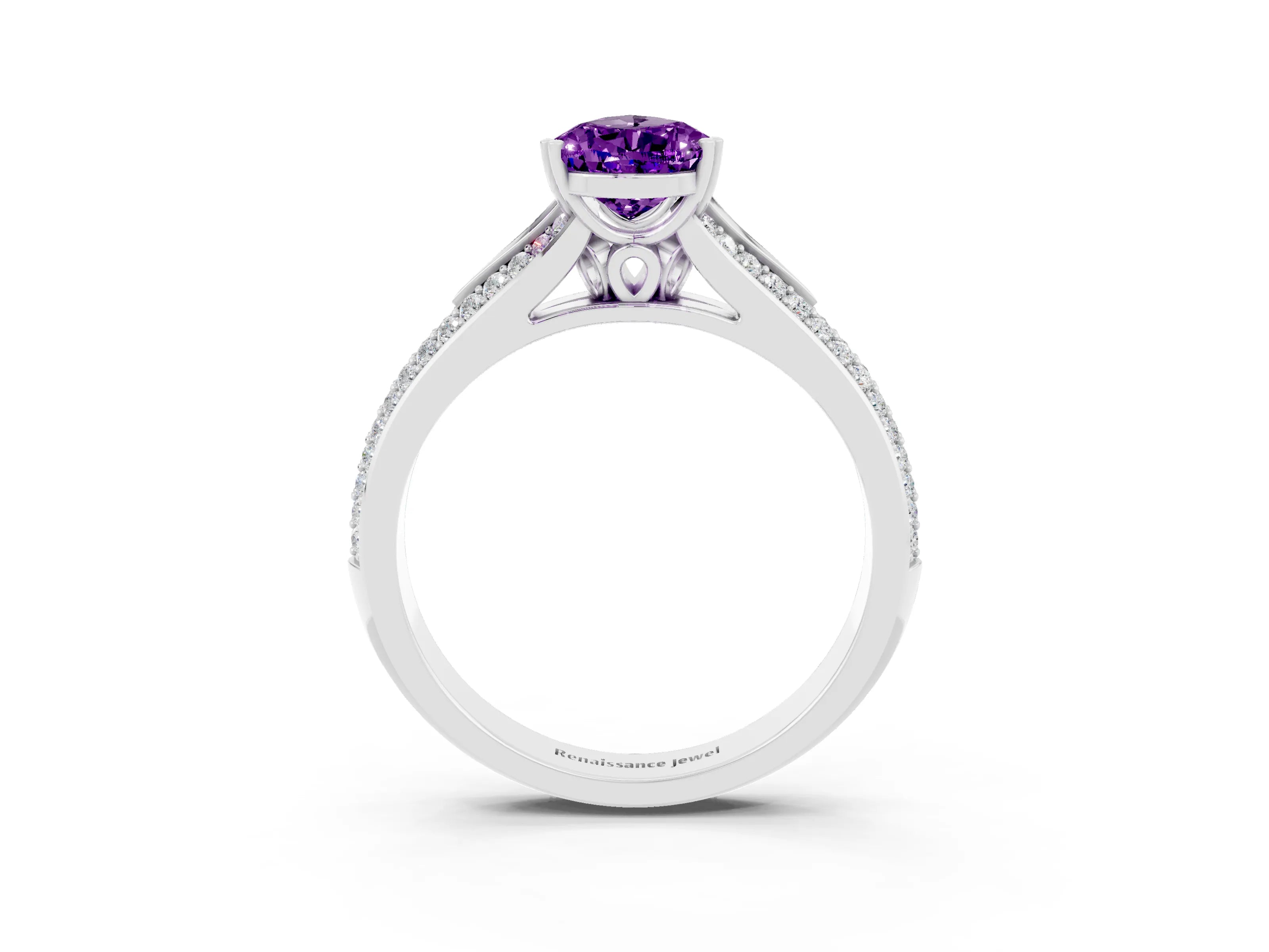 White gold Pear Cut Amethyst Split Shank Engagement Ring with Pavé Band_3