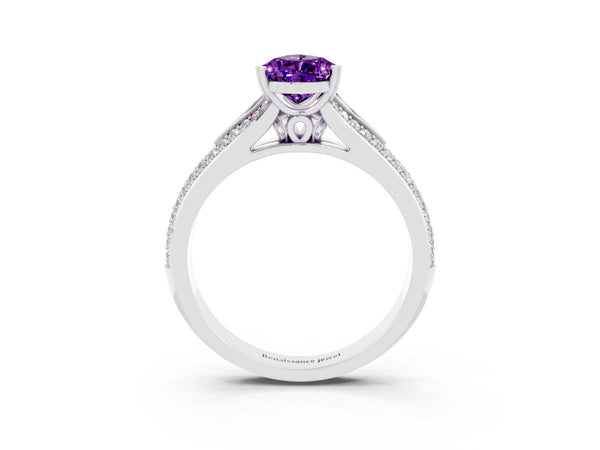 Silver Pear Cut Amethyst Split Shank Engagement Ring with Pavé Band