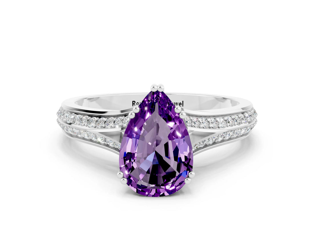 White gold Pear Cut Amethyst Split Shank Engagement Ring with Pavé Band
