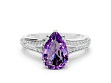White gold Pear Cut Amethyst Split Shank Engagement Ring with Pavé Band