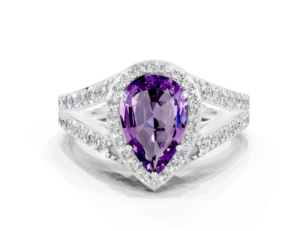 Platinum Pear Cut Amethyst Split Shank Halo Ring with Four-Prong Setting