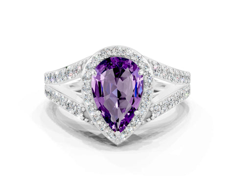 White gold Pear Cut Amethyst Split Shank Halo Ring with Four-Prong Setting_12