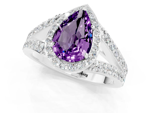 Platinum Pear Cut Amethyst Split Shank Halo Ring with Four-Prong Setting