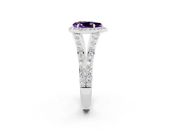 Silver Pear Cut Amethyst Split Shank Halo Ring with Four-Prong Setting