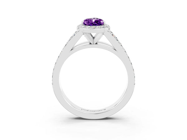 Platinum Pear Cut Amethyst Split Shank Halo Ring with Four-Prong Setting