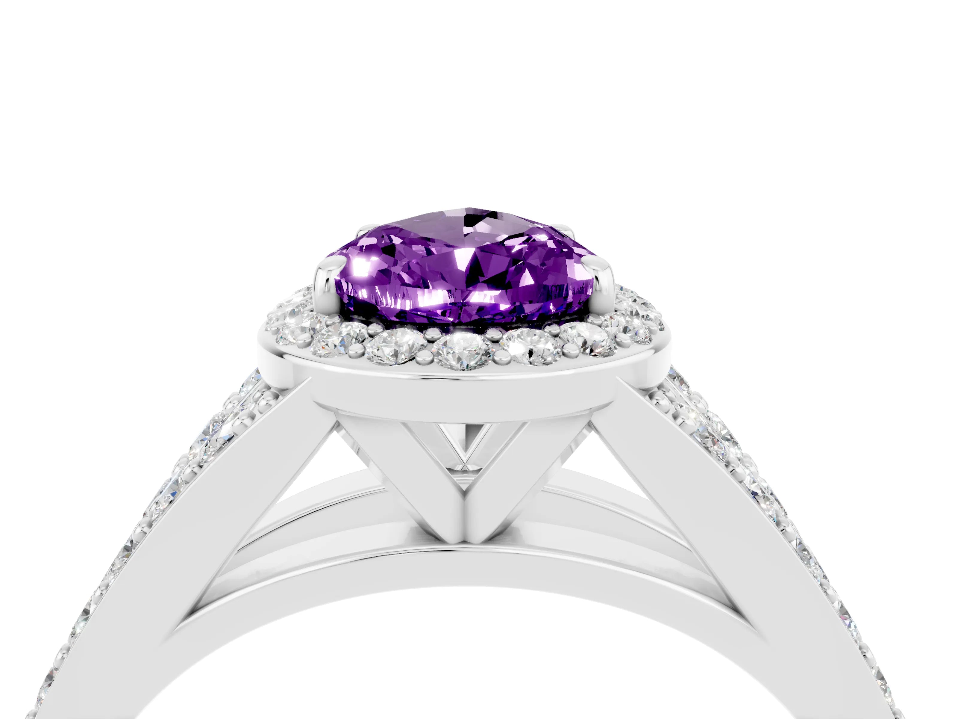 White gold Pear Cut Amethyst Split Shank Halo Ring with Four-Prong Setting_16