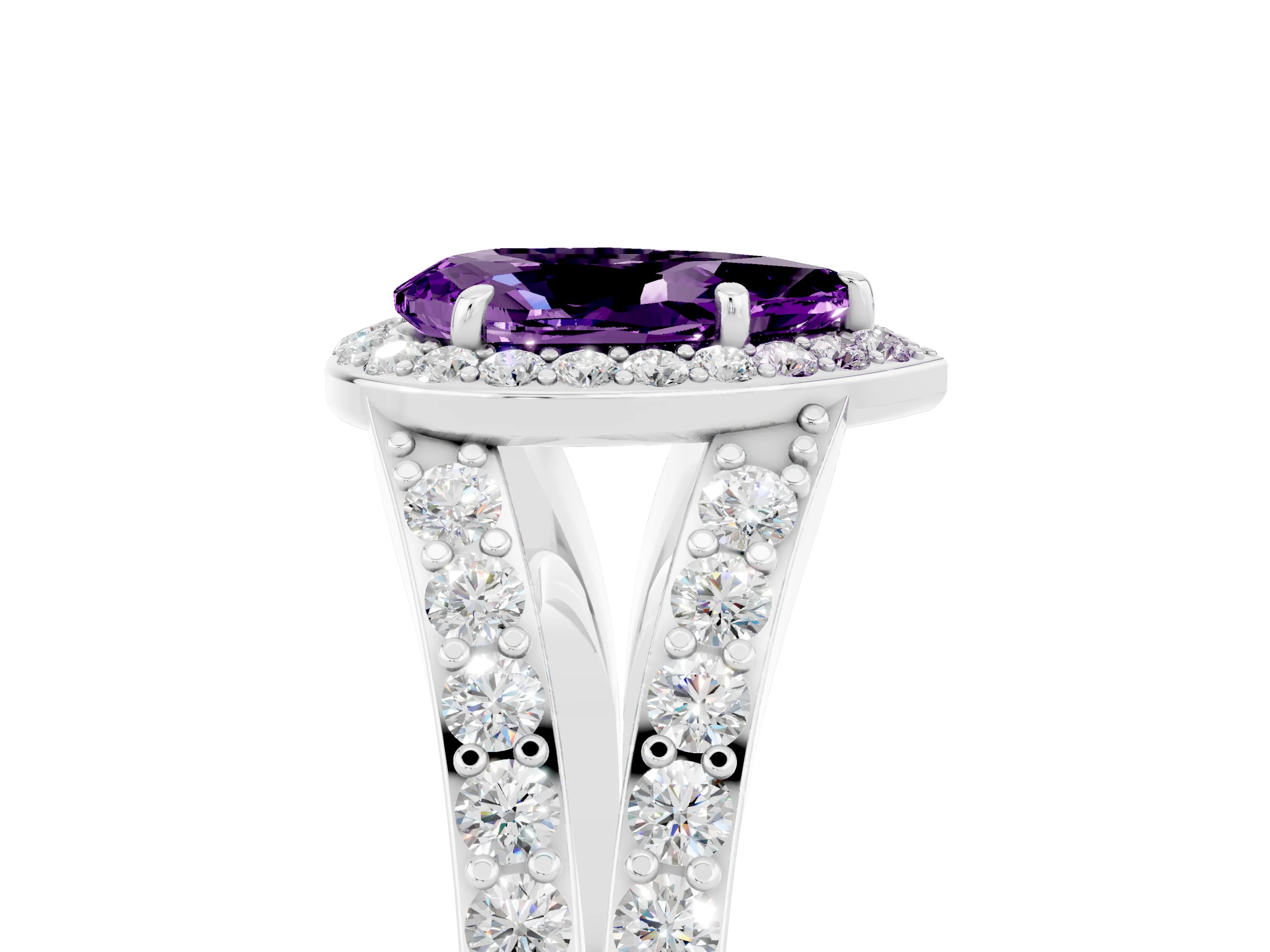 White gold Pear Cut Amethyst Split Shank Halo Ring with Four-Prong Setting_17