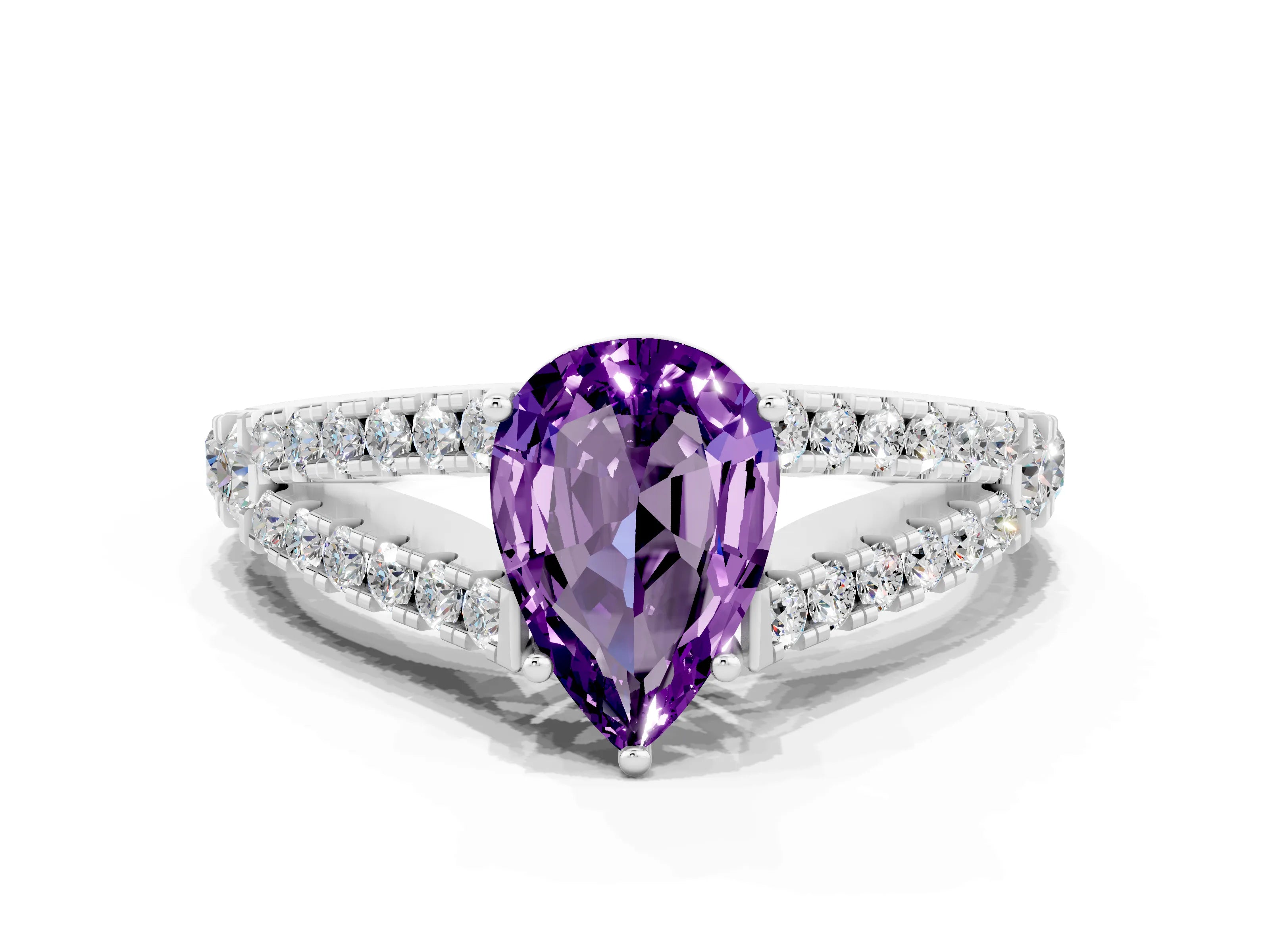 White gold Pear Cut Amethyst Split Shank Pavé Engagement Ring with Four-Prong Setting_12