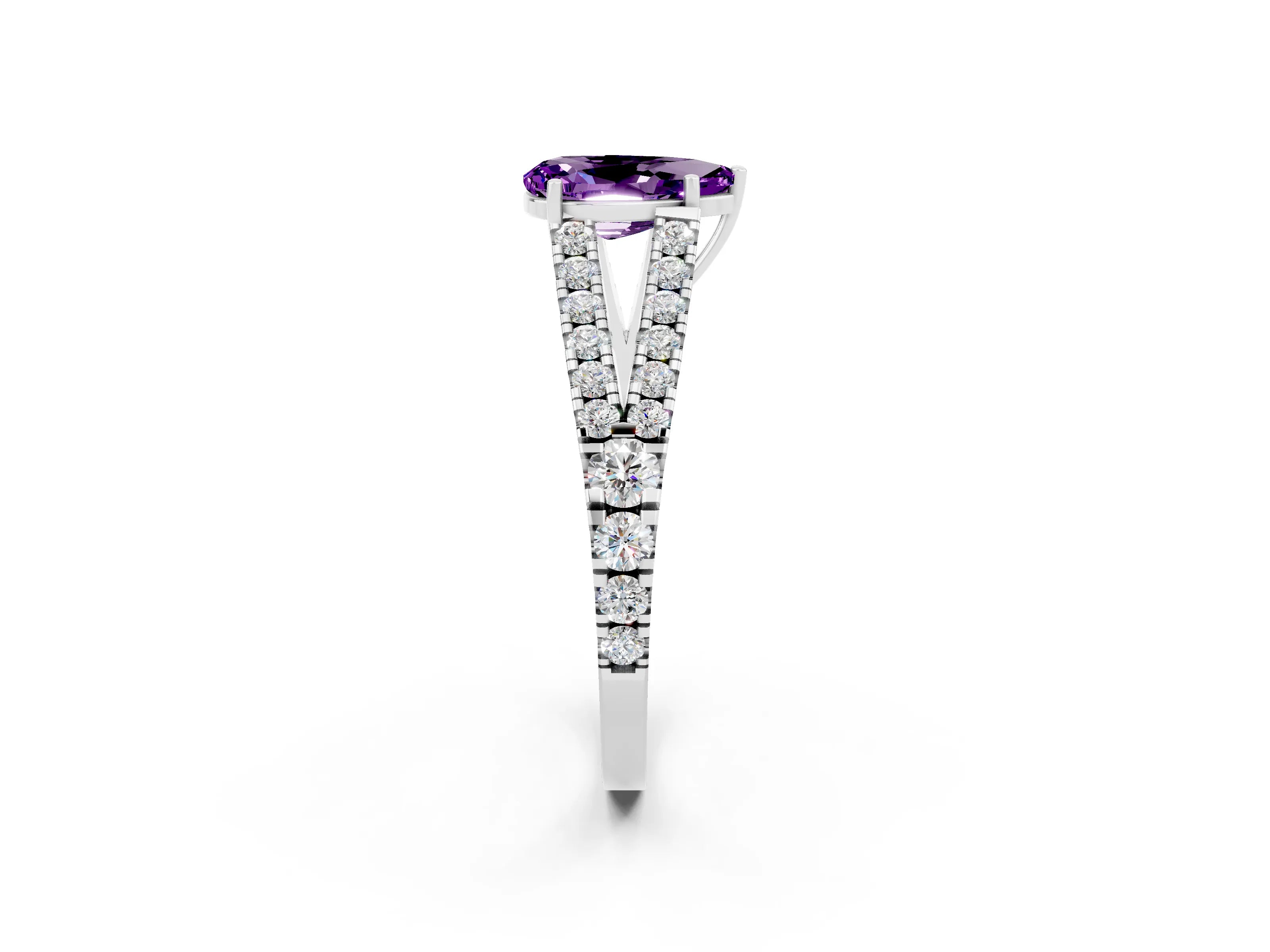 White gold Pear Cut Amethyst Split Shank Pavé Engagement Ring with Four-Prong Setting_14