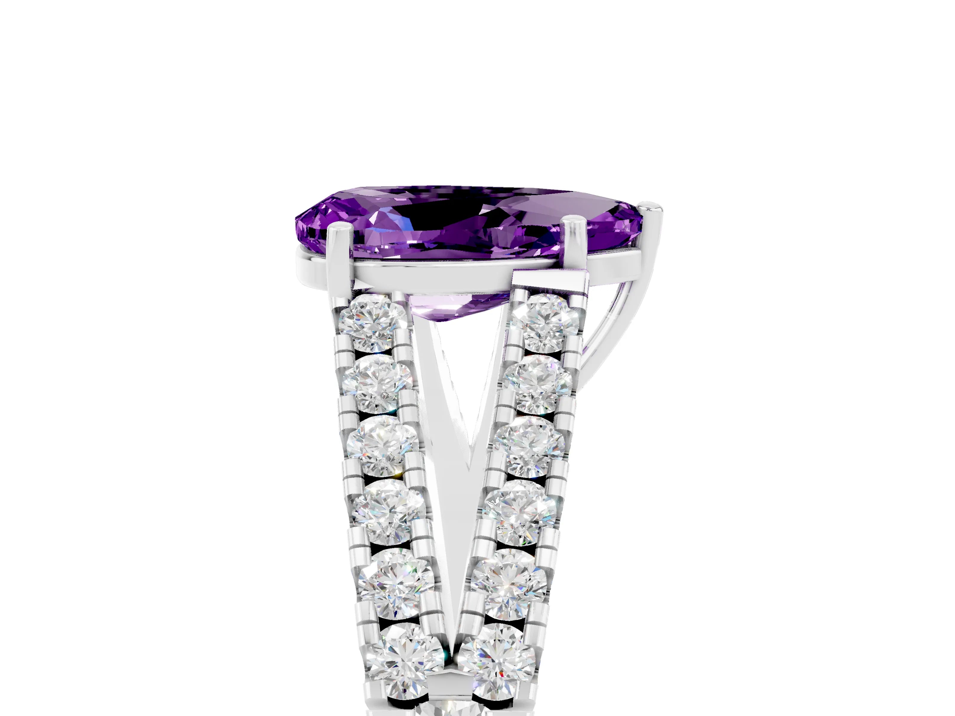 White gold Pear Cut Amethyst Split Shank Pavé Engagement Ring with Four-Prong Setting_17