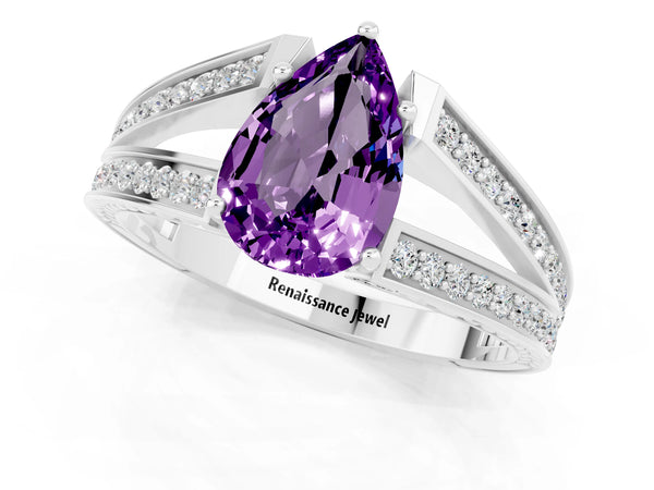 Platinum Pear Cut Amethyst Split Shank Ring with Pavé Band and Four-Prong Setting