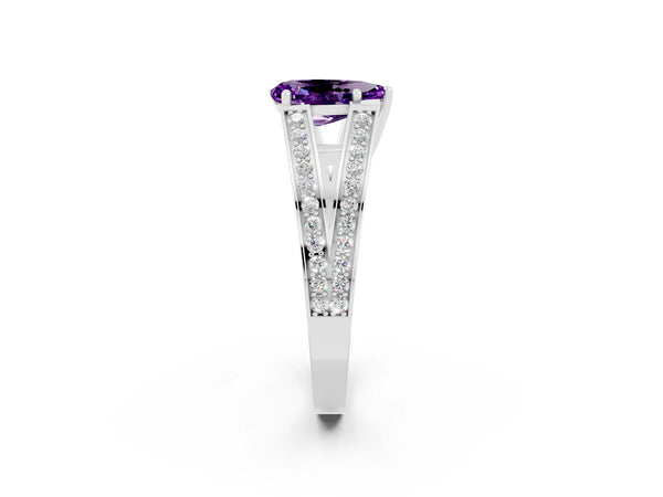 Platinum Pear Cut Amethyst Split Shank Ring with Pavé Band and Four-Prong Setting