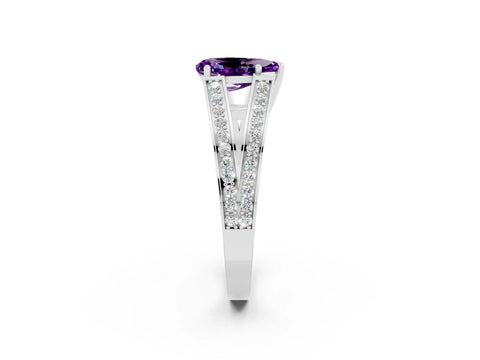 White gold Pear Cut Amethyst Split Shank Ring with Pavé Band and Four-Prong Setting_2