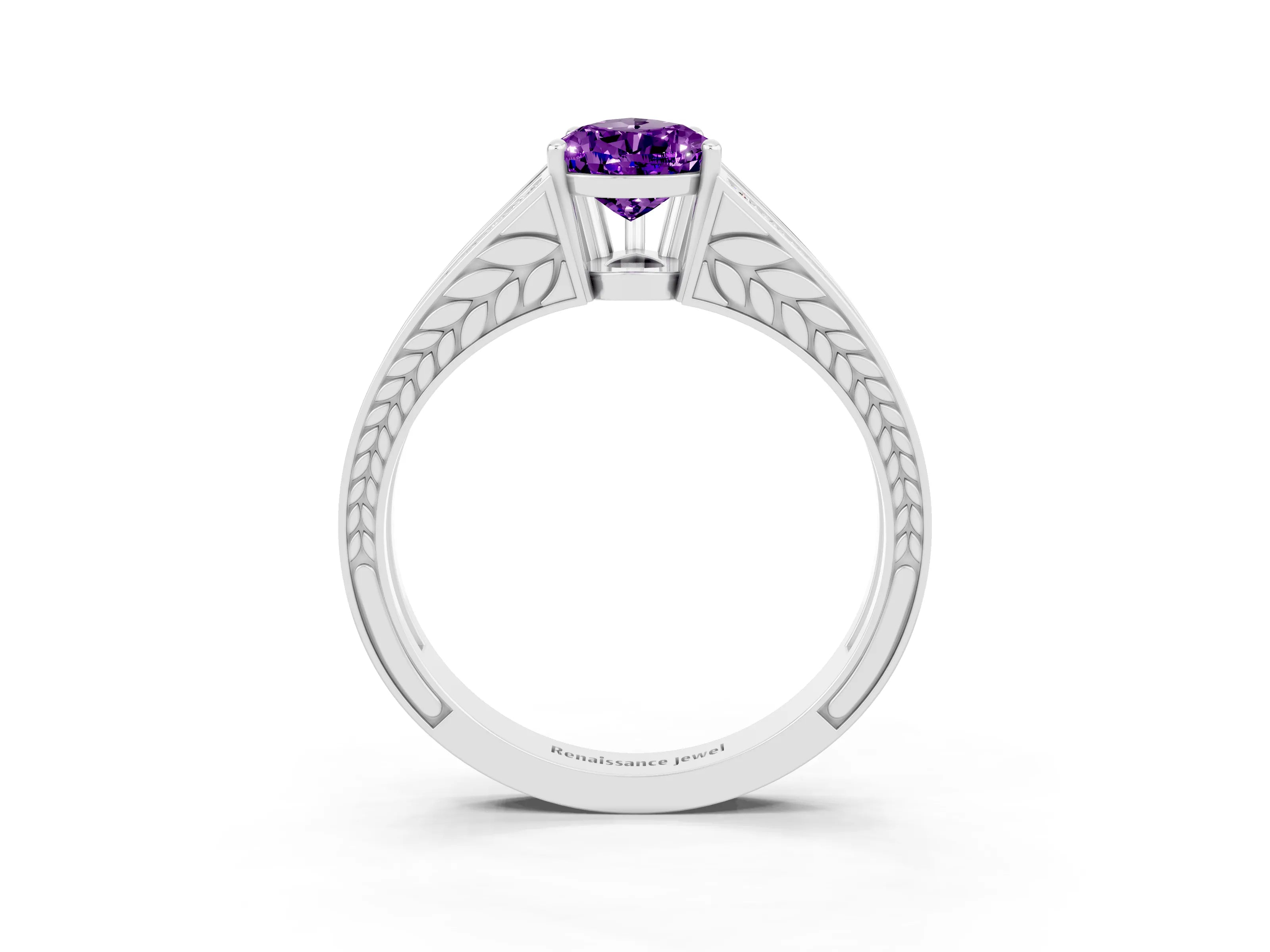 White gold Pear Cut Amethyst Split Shank Ring with Pavé Band and Four-Prong Setting_3
