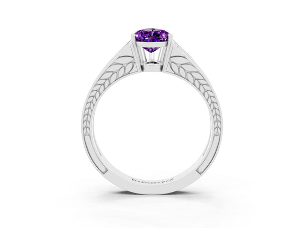 Platinum Pear Cut Amethyst Split Shank Ring with Pavé Band and Four-Prong Setting