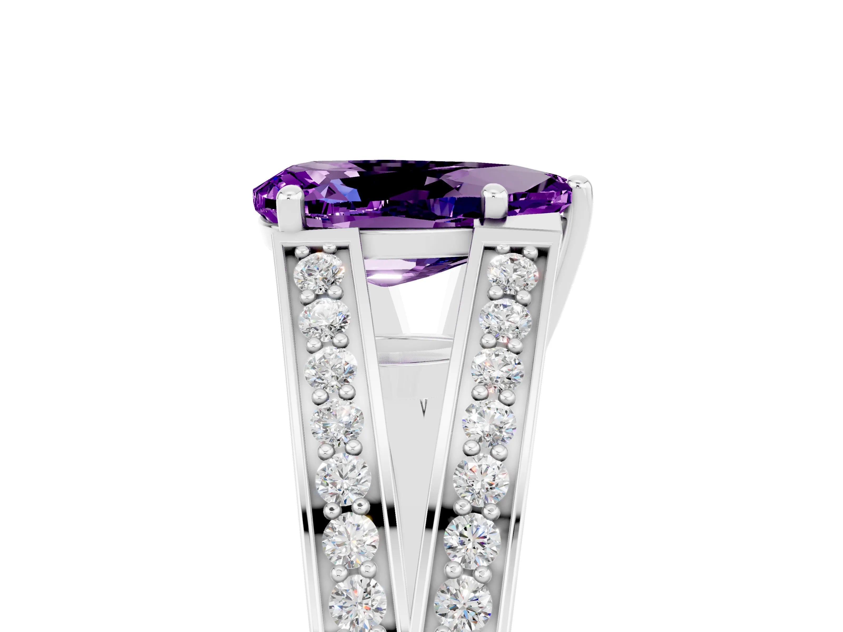 White gold Pear Cut Amethyst Split Shank Ring with Pavé Band and Four-Prong Setting_5