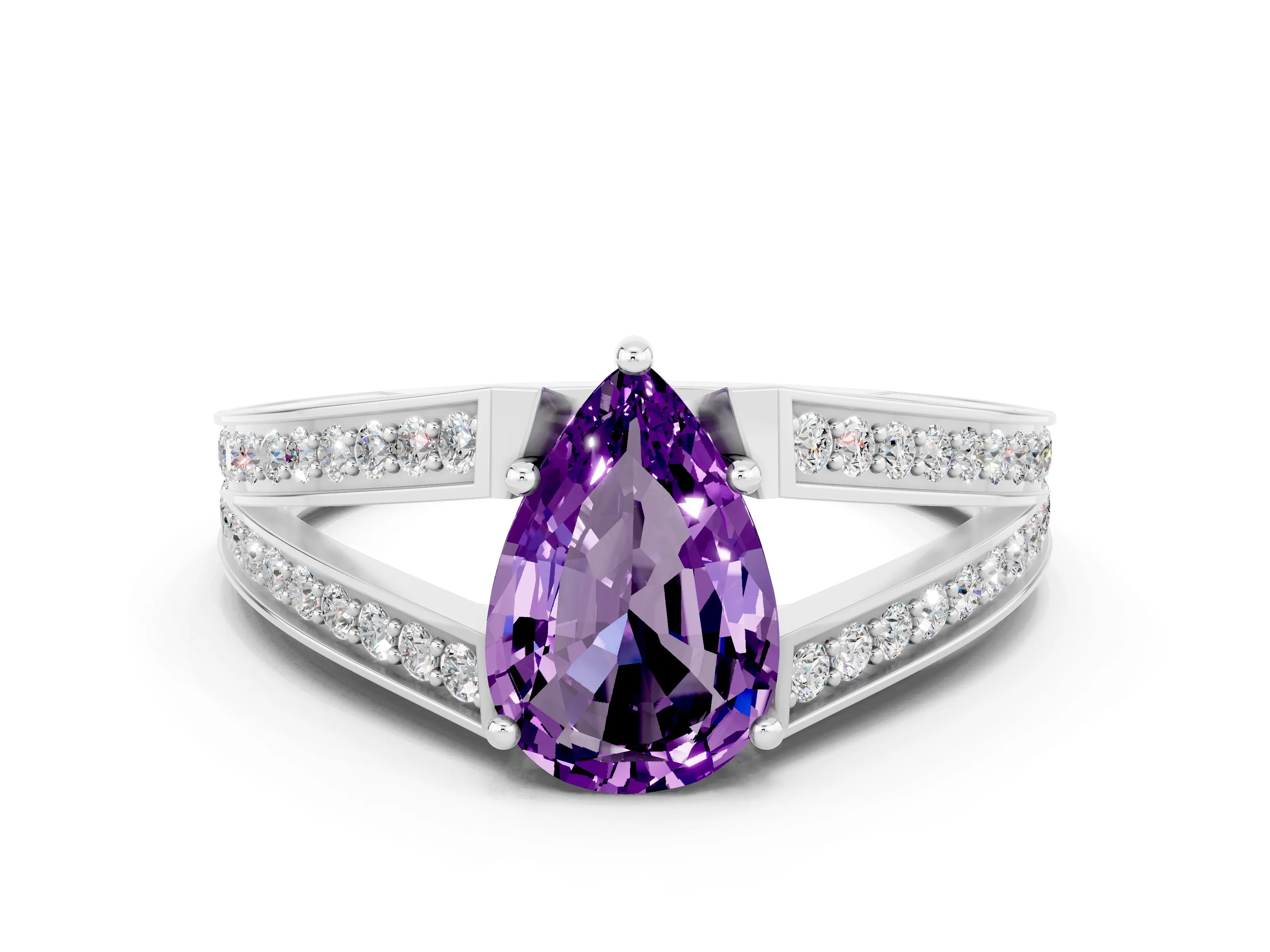 White gold Pear Cut Amethyst Split Shank Ring with Pavé Band and Four-Prong Setting