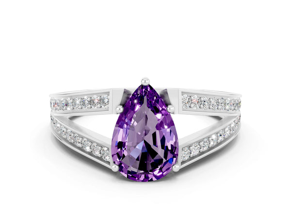 White gold Pear Cut Amethyst Split Shank Ring with Pavé Band and Four-Prong Setting
