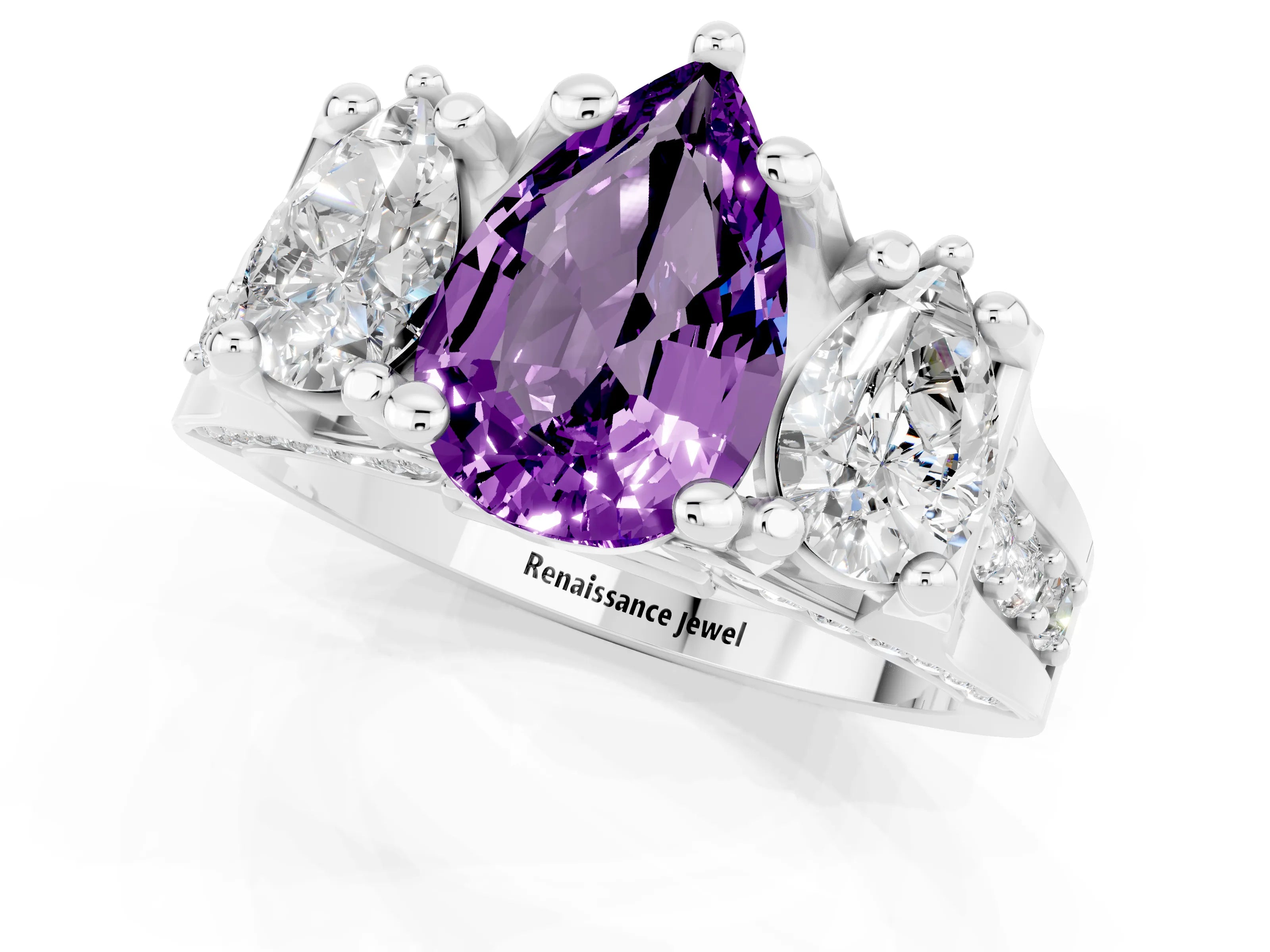 White gold Pear Cut Amethyst Three-Stone Ring with Channel Set Band and Four-Prong Setting_1