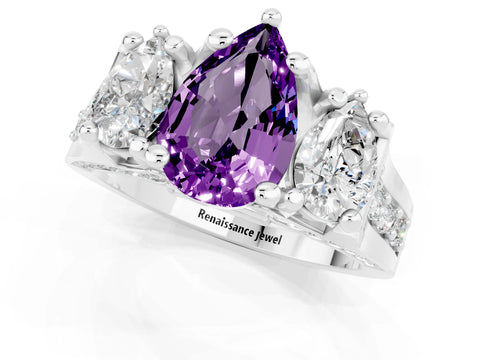 White gold Pear Cut Amethyst Three-Stone Ring with Channel Set Band and Four-Prong Setting_1