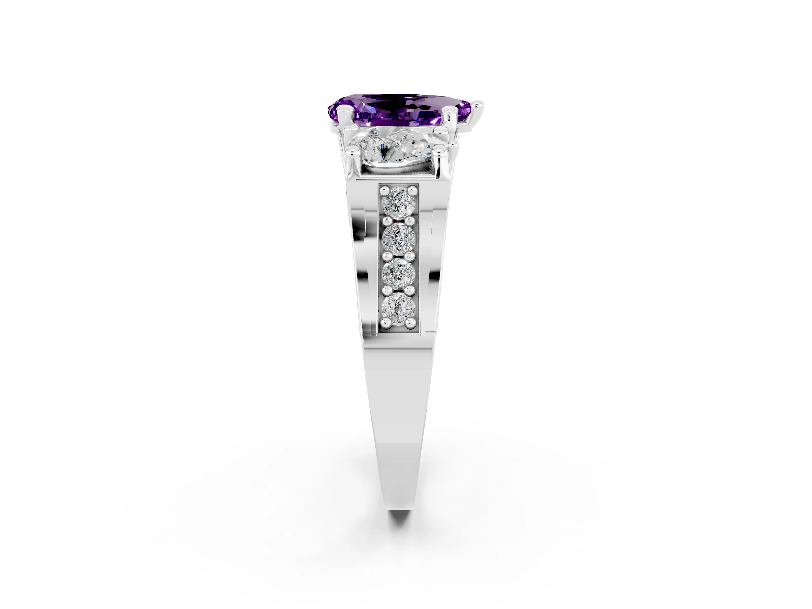 White gold Pear Cut Amethyst Three-Stone Ring with Channel Set Band and Four-Prong Setting_2