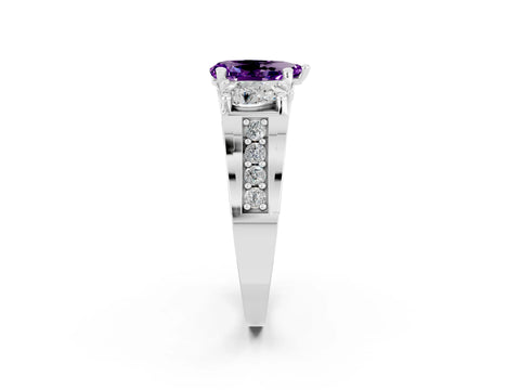 White gold Pear Cut Amethyst Three-Stone Ring with Channel Set Band and Four-Prong Setting_2