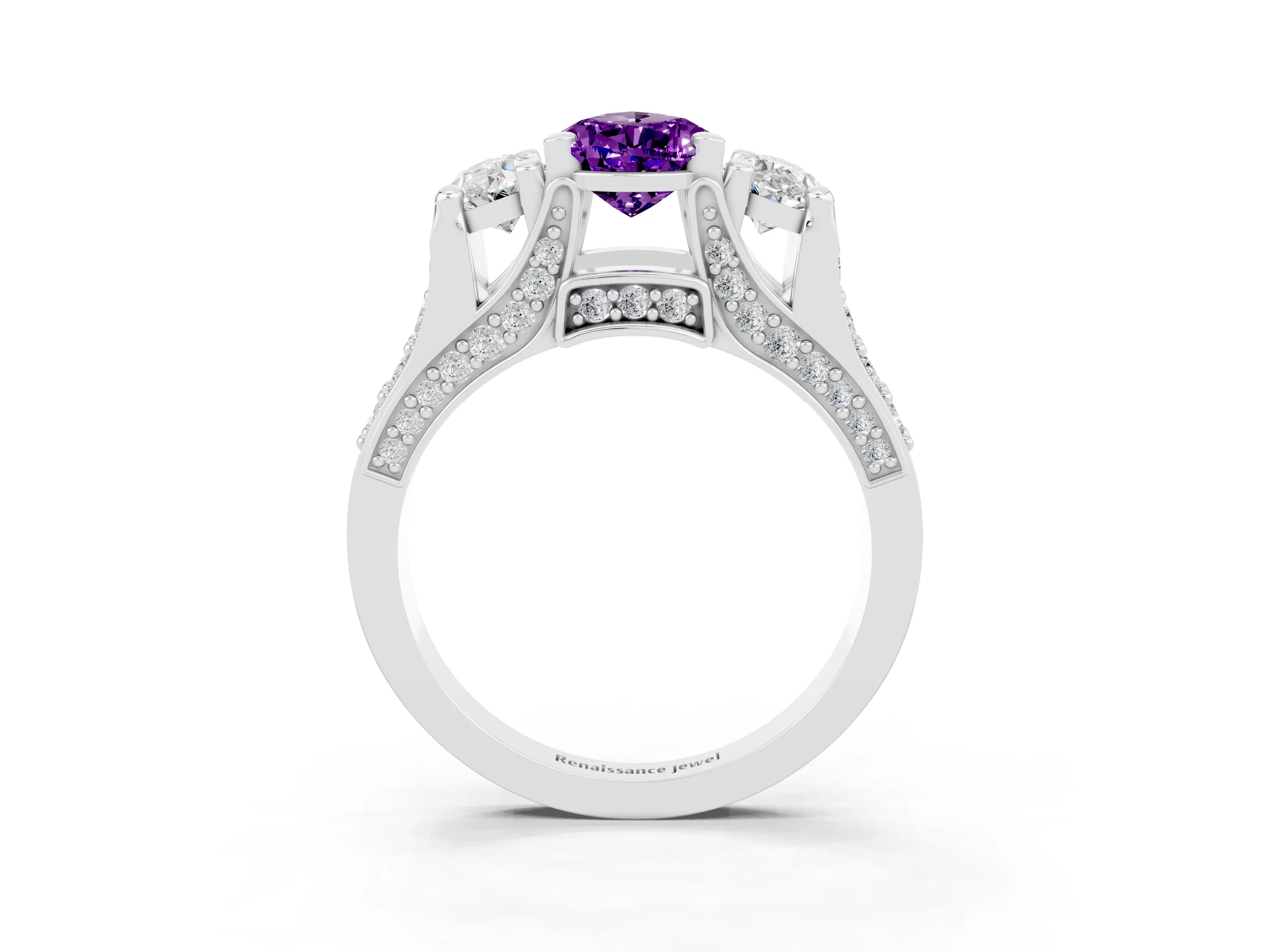 White gold Pear Cut Amethyst Three-Stone Ring with Channel Set Band and Four-Prong Setting_3
