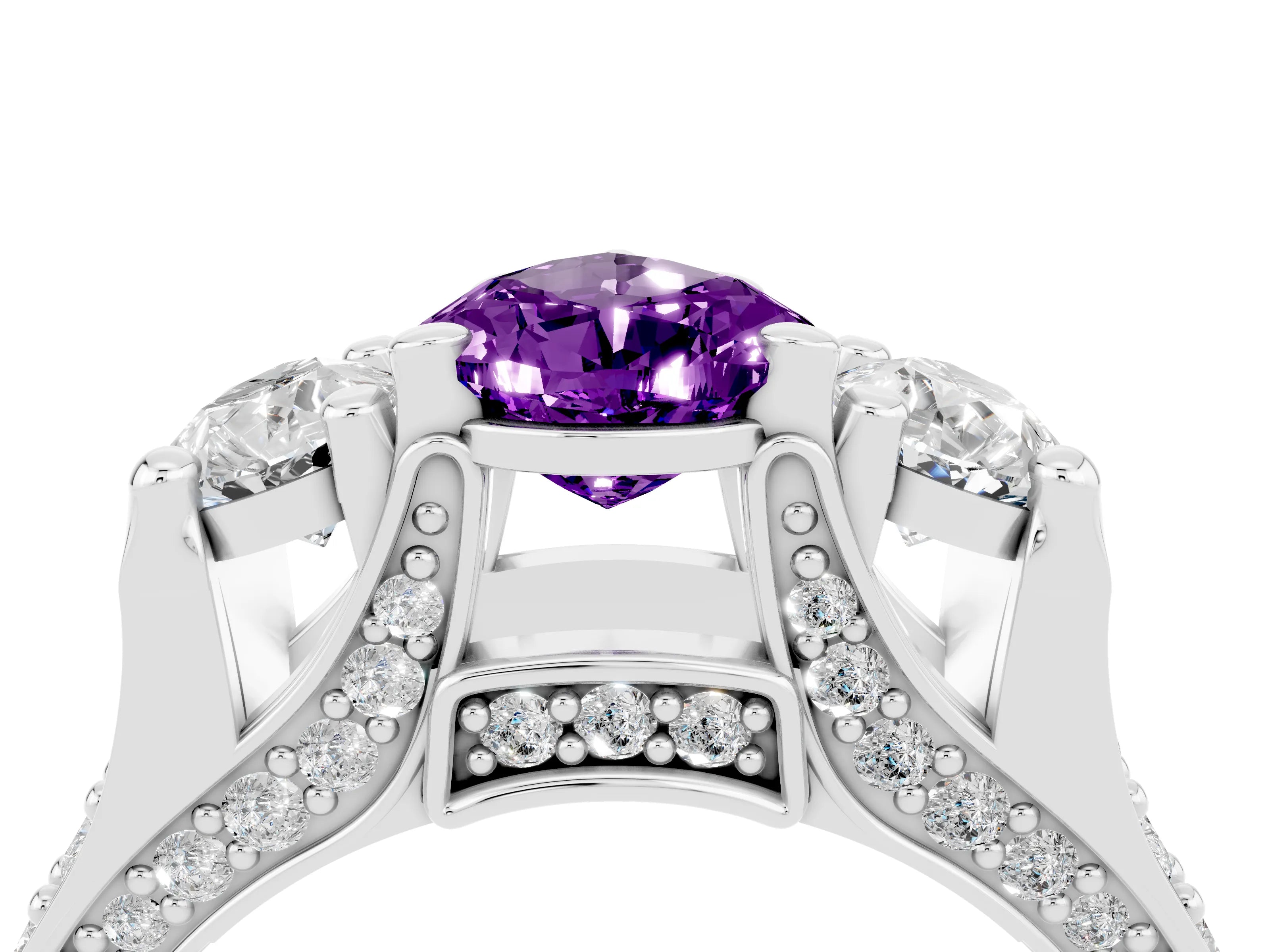 White gold Pear Cut Amethyst Three-Stone Ring with Channel Set Band and Four-Prong Setting_4