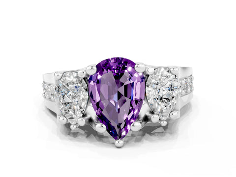 White gold Pear Cut Amethyst Three-Stone Ring with Channel Set Band and Four-Prong Setting
