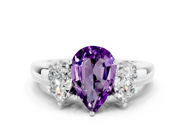 Platinum Pear Cut Amethyst Three-Stone Ring with Four-Prong Setting and Classic Band